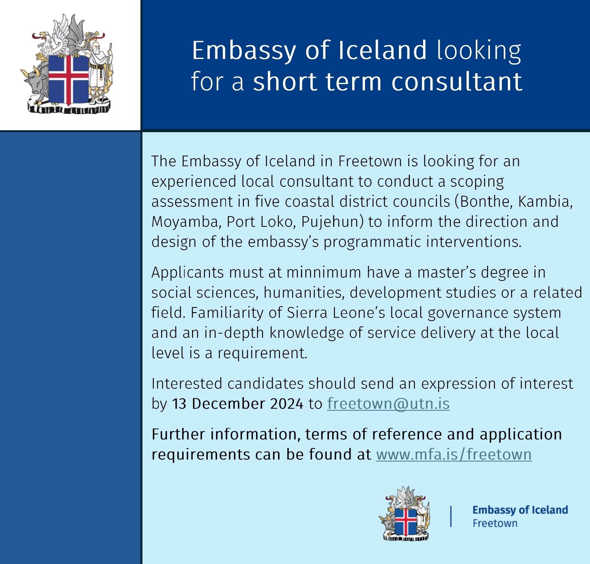 Embassy of Iceland looking for a short-term consultant  - mynd